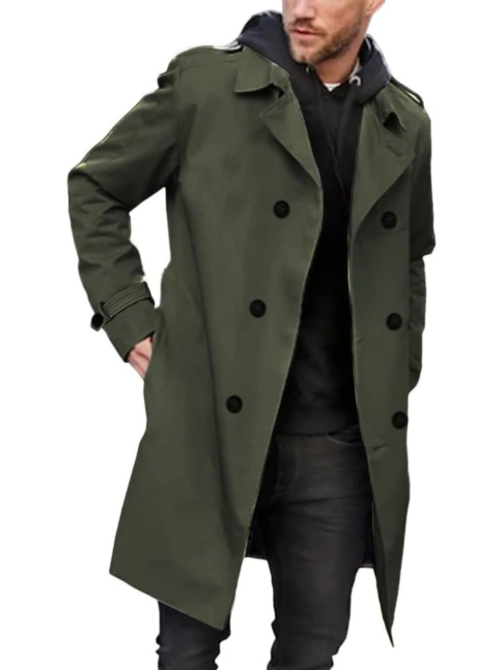 Mens Army Green Double Breasted Trench Coat Notched Lapel Slim Fit Long Overcoat